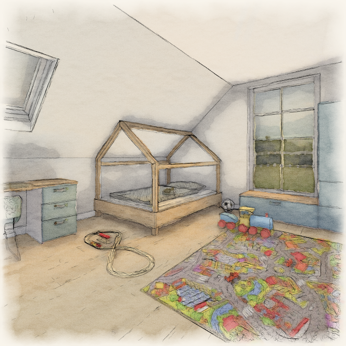 Aquarell Zeichnung eines Kinderzimmers- Visualisierung mit 3D-Software- Palette CAD