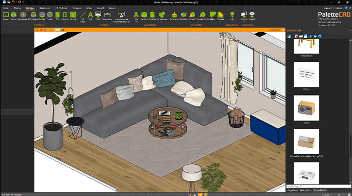 Palette CAD Screenshot - 3D-Planung eines Wohnzimmers.