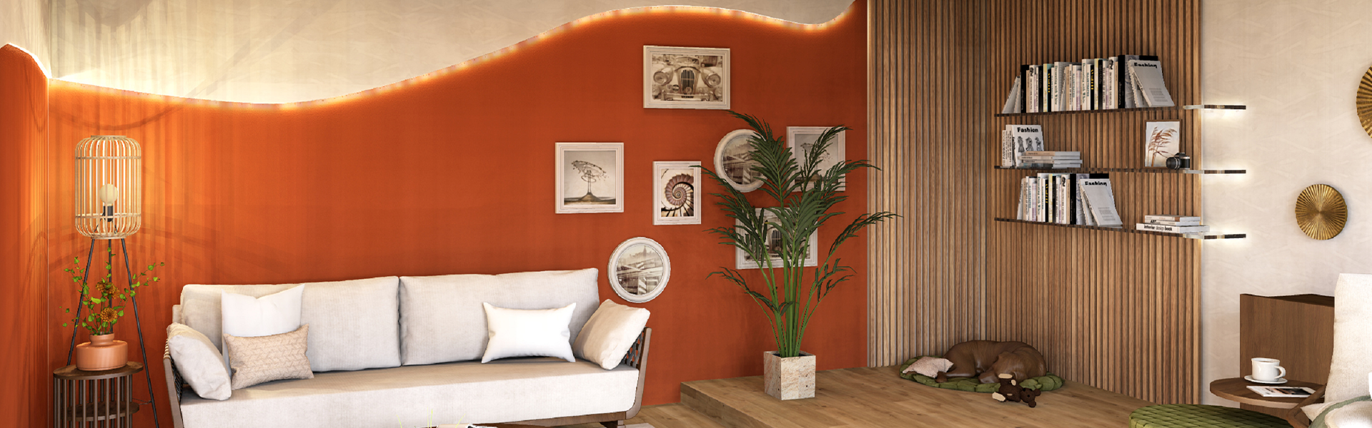 Individuelle Wandgestaltung im Interior Design mit Wellenform und Beleuchtung in Palette CAD