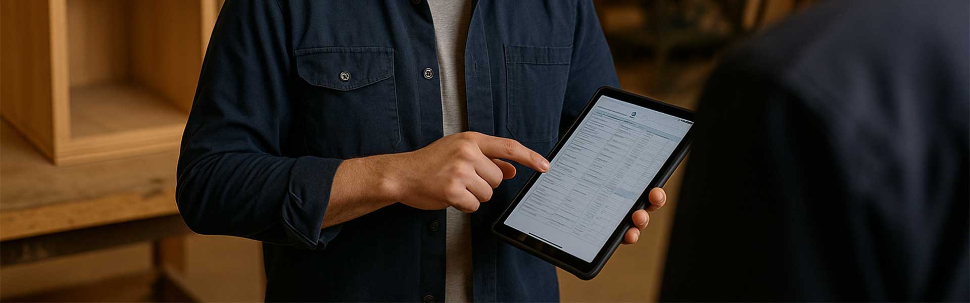Schreiner mit Tablet in der Werkstatt