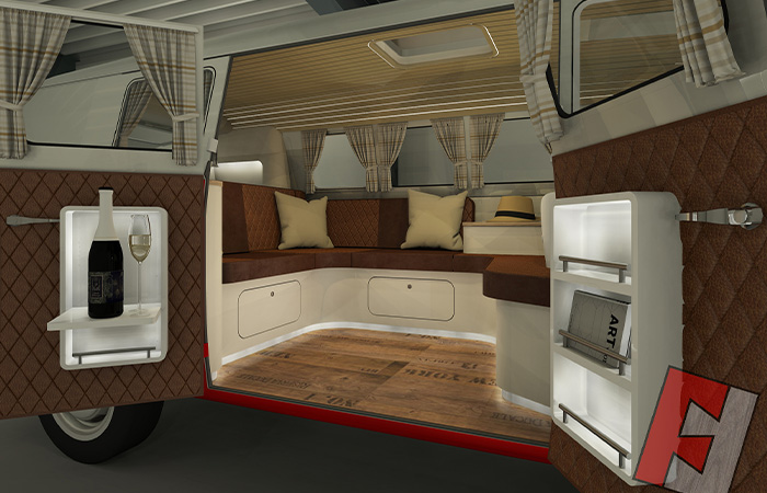 Rendering eines VW-Bus-Ausbaus der Tischlerei Fricke